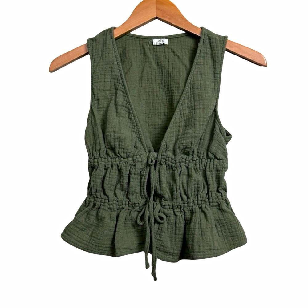 Women’s Aerie Green Cotton Sleeveless V-Neck Tie Front Ruffle Blouse XS
